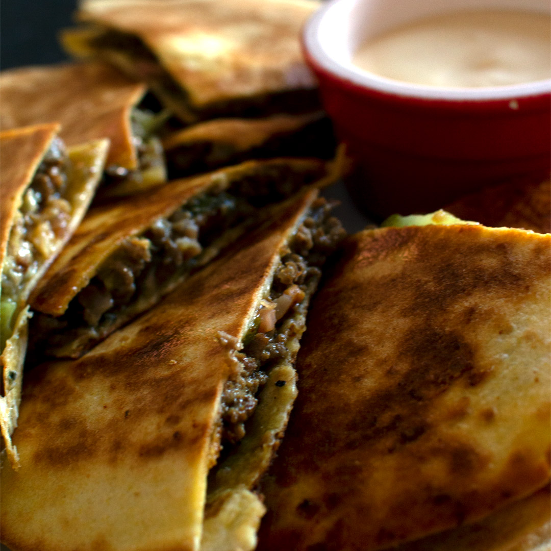 Black n Blue Double Cheeseburger Quesadilla with Sour Cream Burger Sauce Dip